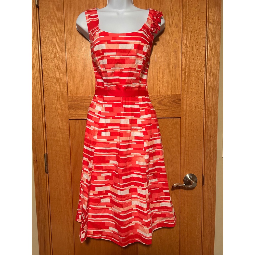 Vintage Robbie Bee Red Pink Geometric Floral Fit Flare Dress w/ Pockets Size 8